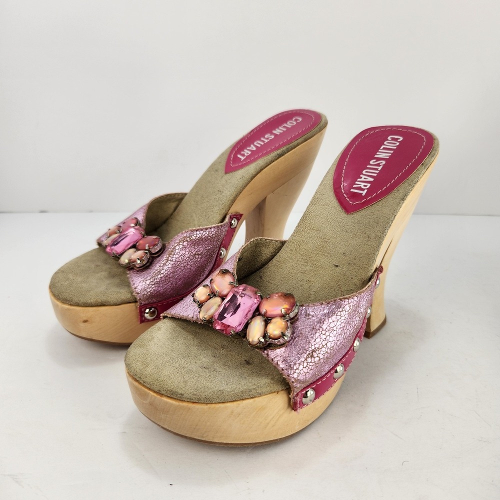 Colin Stuart Women's Y2K Style Preppy Rhinestone Slip-On Heeled Sandals Pink 5M